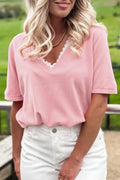 Strawberry Pink Lacy V Neckline Short Sleeve Sweater