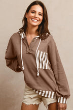 Straw Yellow Waffle Texture Striped Patchwork Button Neck Drawstring Hoodie