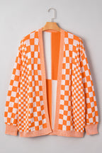 Orange Checkered Bubble Sleeve Drop Shoulder Open Cardigan