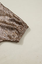 Brown Polo Collared V Neck Short Sleeve Metallic Leopard Blouse