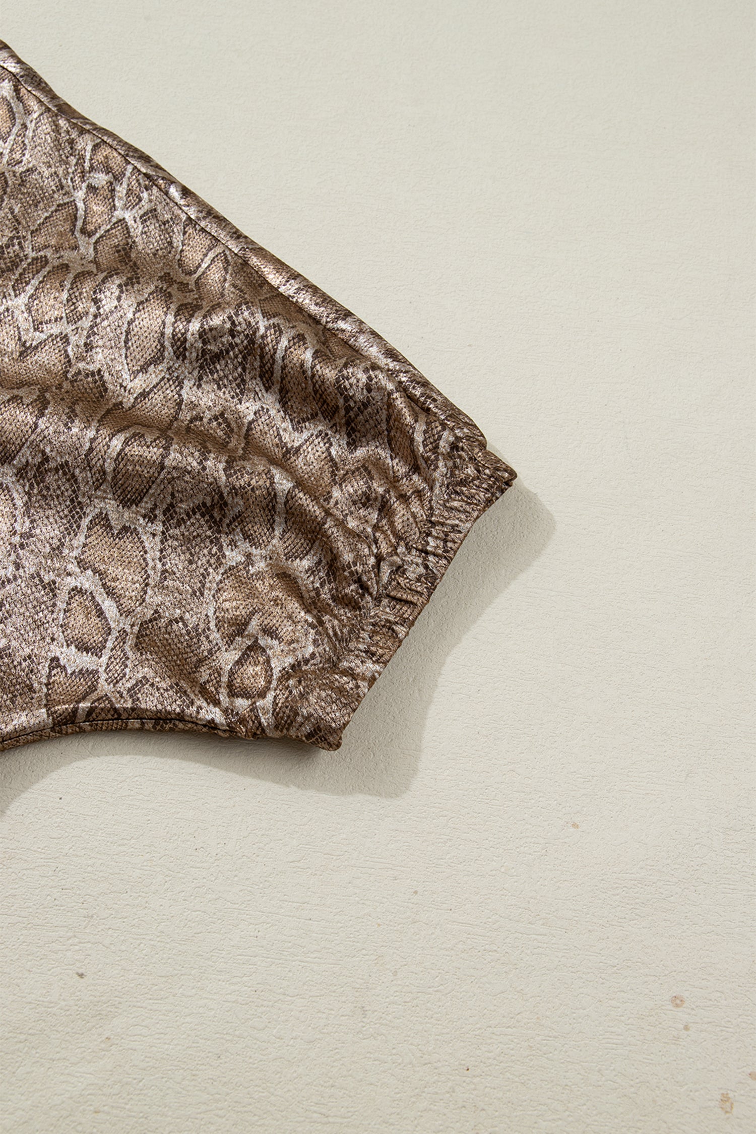 Brown Polo Collared V Neck Short Sleeve Metallic Leopard Blouse