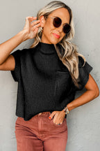 Dark Blue Patch Pocket Ribbed Knit Short Sleeve Sweater