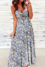 Blue Paisley Print Twist Detail Smocked Back Spaghetti Straps Long Dress