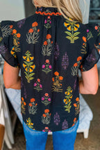 Black Floral Print Lace Trim Frilled V Neck Short Sleeve Shirt