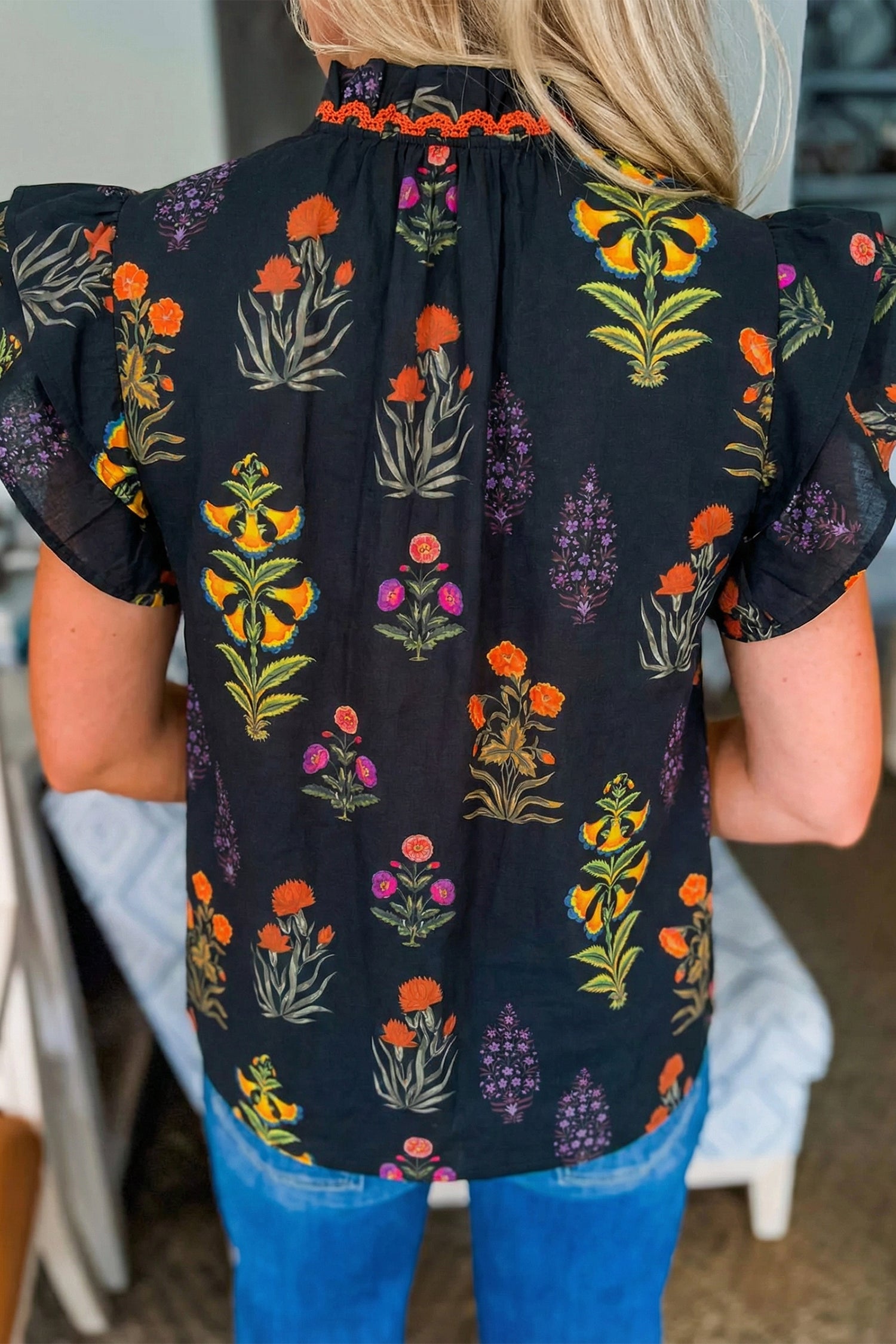 Black Floral Print Lace Trim Frilled V Neck Short Sleeve Shirt