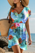 Sky Blue Tropical Print V Neck Semi Sheer Beach Cover Up Dress