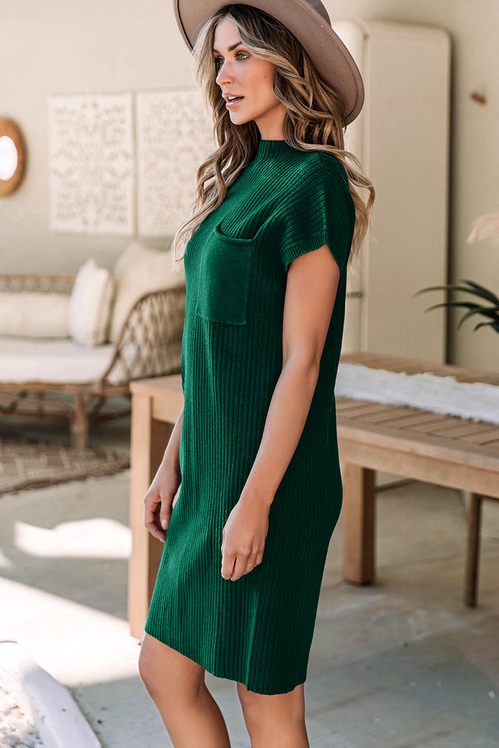 Patch Pocket Ribbed Knit Short Sleeve Sweater Dress