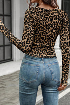 Brown Leopard Print Slim Long Sleeve T Shirt