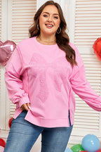 Pink Big Bow Lace Embroidered Dolman Sleeve Slit Plus Size Sweatshirt