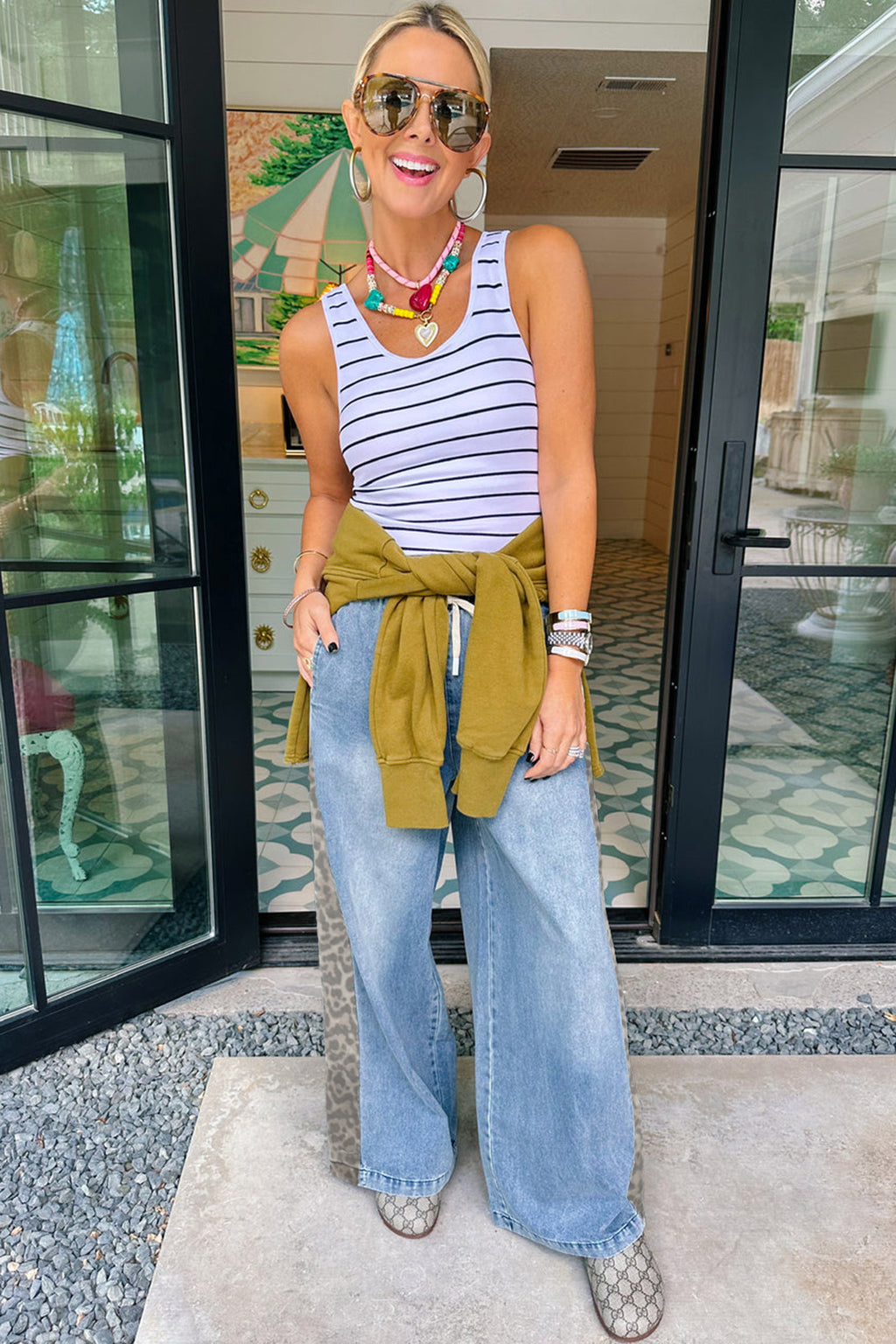 Beau Blue Drawstring Elastic Waist Leopard Striped Side Panel Wide Leg Jeans