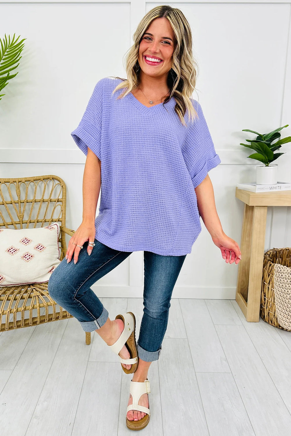 Wisteria Waffle V Neck Short Sleeve Knit Top