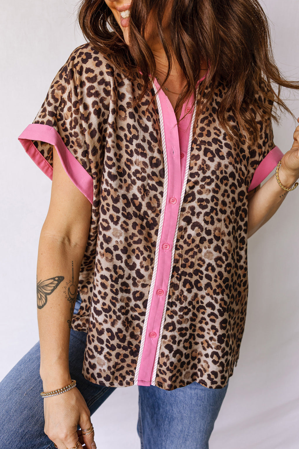 Leopard Print Contrasted Trim Animal Short Sleeve Shirt