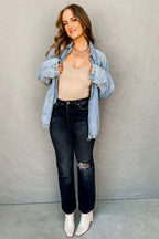 Myosotis Elastic Edge Collared Zip Up Denim Jacket With Pocket