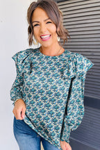 Green Abstract Print Shirred Cuff Puff Sleeve Blouse