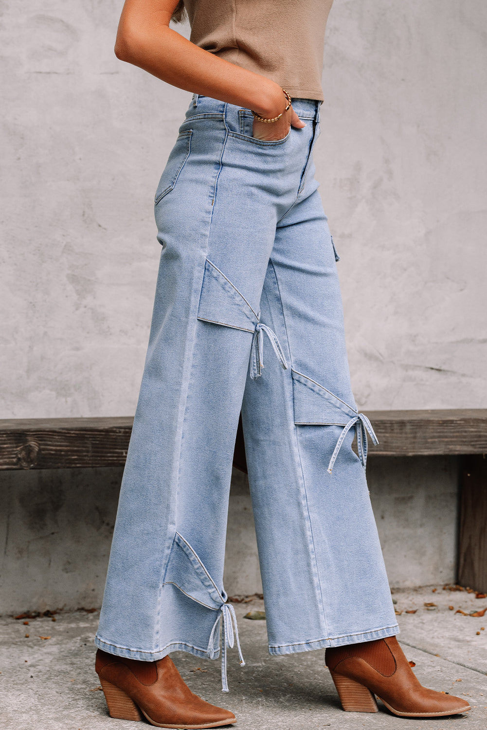 Beau Blue Bowknot Decor Boyfriend Cargo Jeans