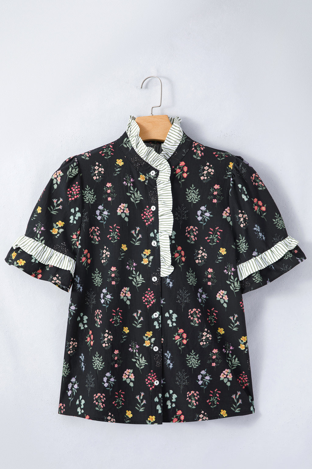Black Contrast Frilled Trim Short Sleeve Floral Shirt
