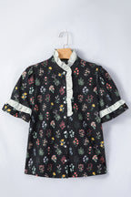 Black Contrast Frilled Trim Short Sleeve Floral Shirt