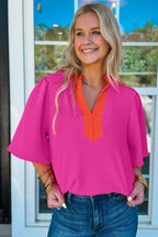 Rose Red Contrast V Neck Colorblock Wide Short Sleeve Top