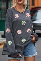 Gray Christmas Candy Sequin Graphic Ribbed Corded Baggy Sweatshirt