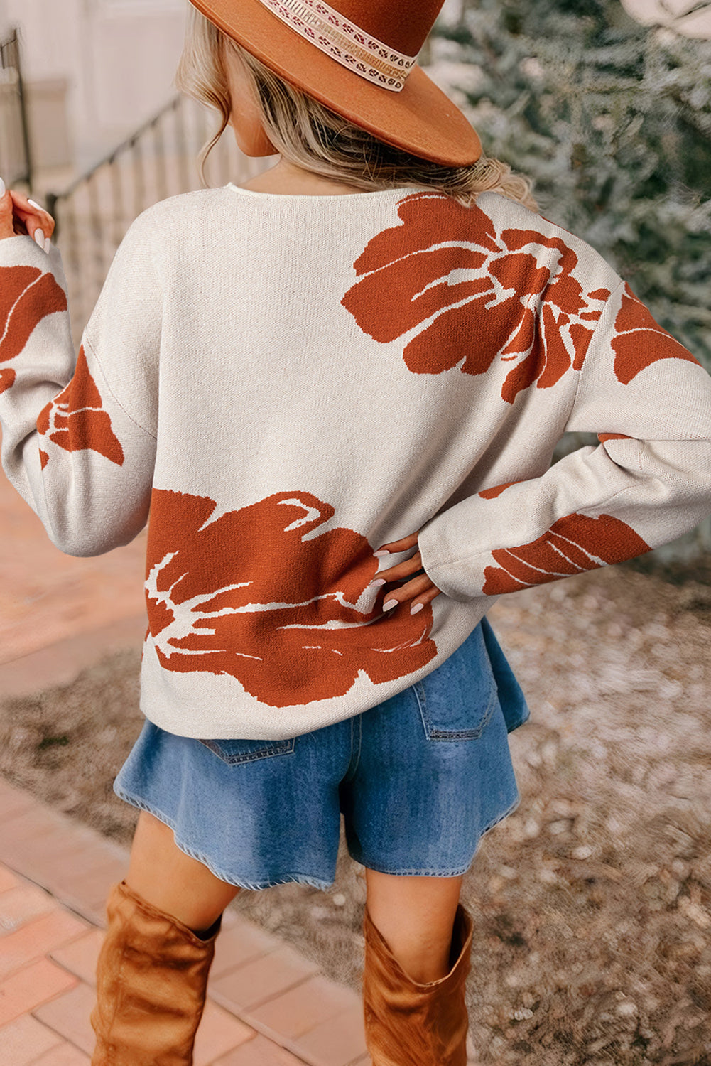 Bold Flower Pattern Wide Sleeve Baggy Sweater