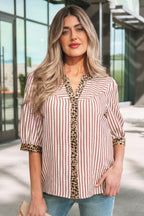 Leopard Trim V Neck Button Down Half Sleeve Shirt