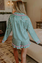 Green Stripe Contrast Ricrac Trim Long Sleeve Shirt Drawstring Ruffled Pyjama Short Set