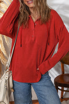 Racing Red Twist Ribbed Half Button Collared Drawstring Pullover Top