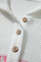 Pink Stripe Leopard Patchwork Waffle Knit Buttoned Plus Size Hoodie