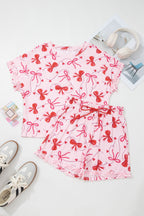 Red Romantic Bow Print Loose Tee Drawstring Shorts 2pcs Lounge Set