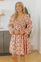 Black Floral Deep V Neck Smocked Bust Bubble Sleeve Babydoll Dress