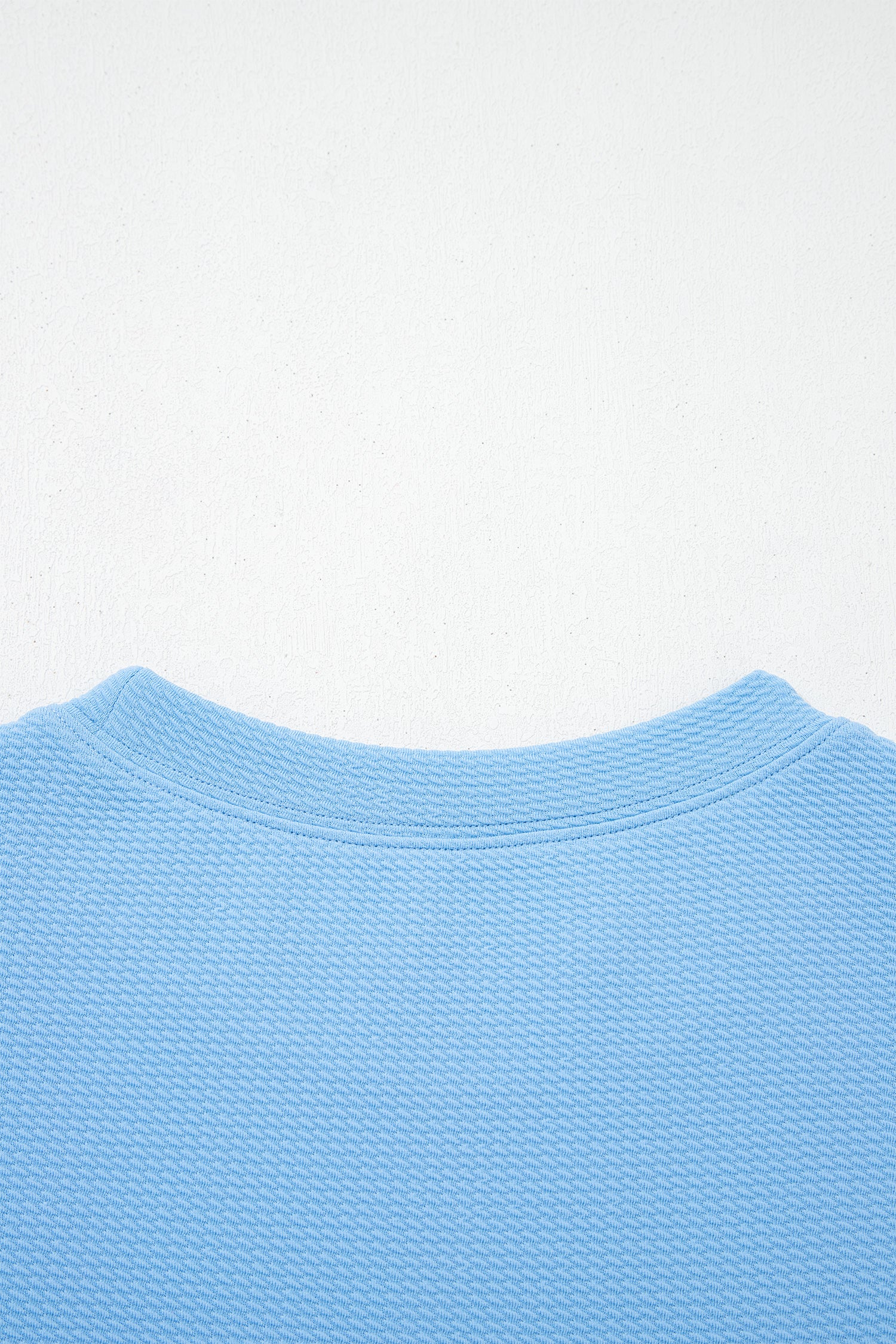 Light Blue Round Neck Textured Contrast Floral Bubble Sleeve Blouse