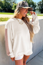 White Color Block Patchwork Drop Shoulder Pullover Casual Shorts 2pcs Outfit