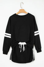Navy Blue Varsity Stripe Detail Drop Shoulder Pullover Mini Skirt Set