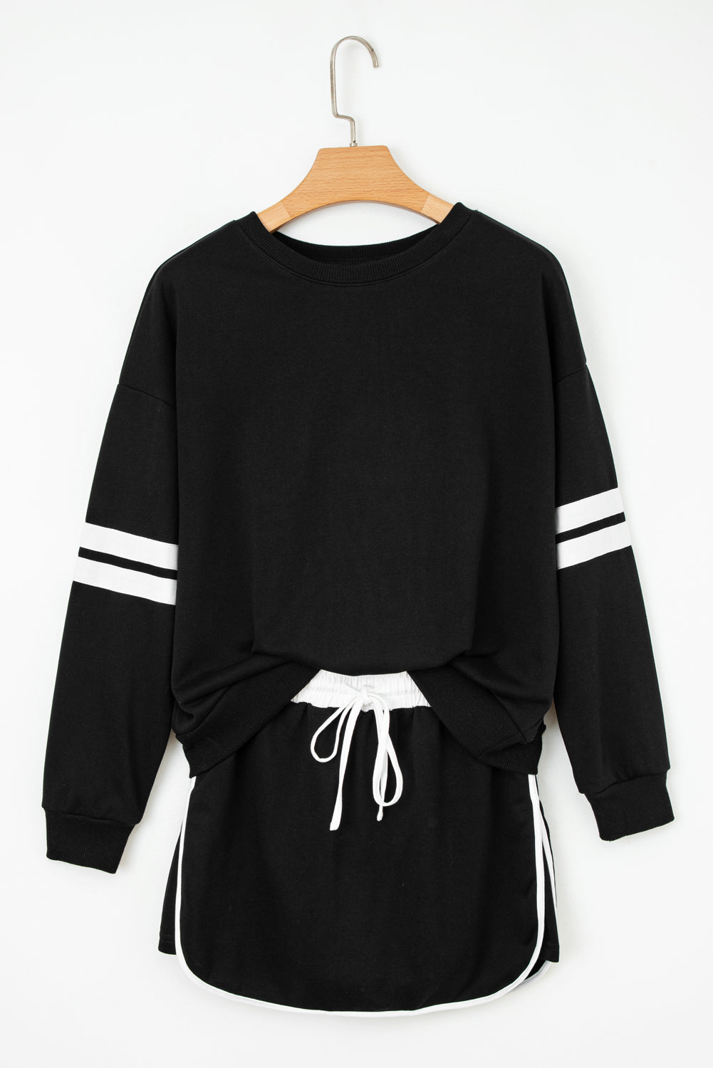 Navy Blue Varsity Stripe Detail Drop Shoulder Pullover Mini Skirt Set
