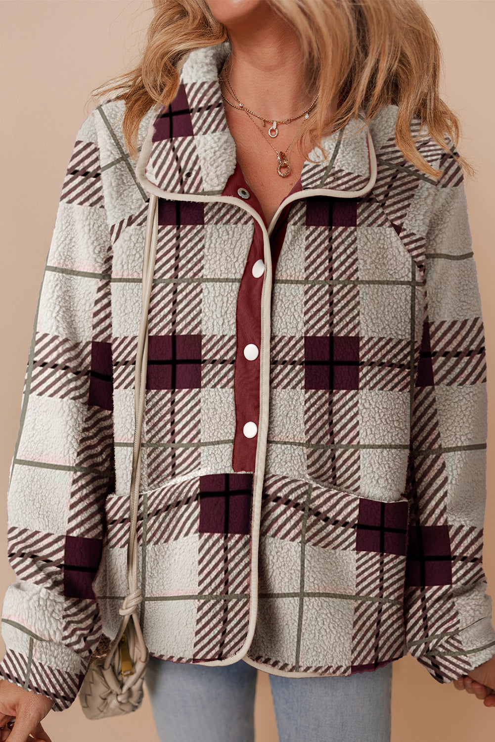 Blue Cow Print Buttoned Stand Collar Fleece Jacket