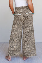Khaki Animal Print Wide Leg Terry Knit Pants