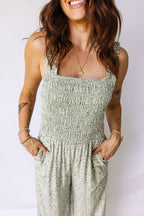 Green Smocked Bodice Square Neck Sleeveless Floral Jumpsuit