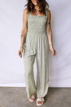 Green Smocked Bodice Square Neck Sleeveless Floral Jumpsuit