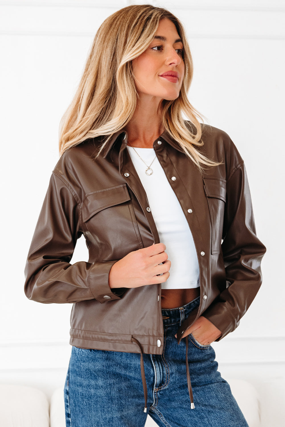 Chicory Coffee Double Flap Pocket Drawstring Hem Faux Leather Jacket