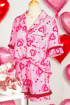 Pink Sweet Heart Cake Print Contrast Ruffle Trim Valentines 2pcs Pyjama Set