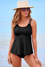 Black 2pcs Solid Color Spaghetti Straps Tankini Set