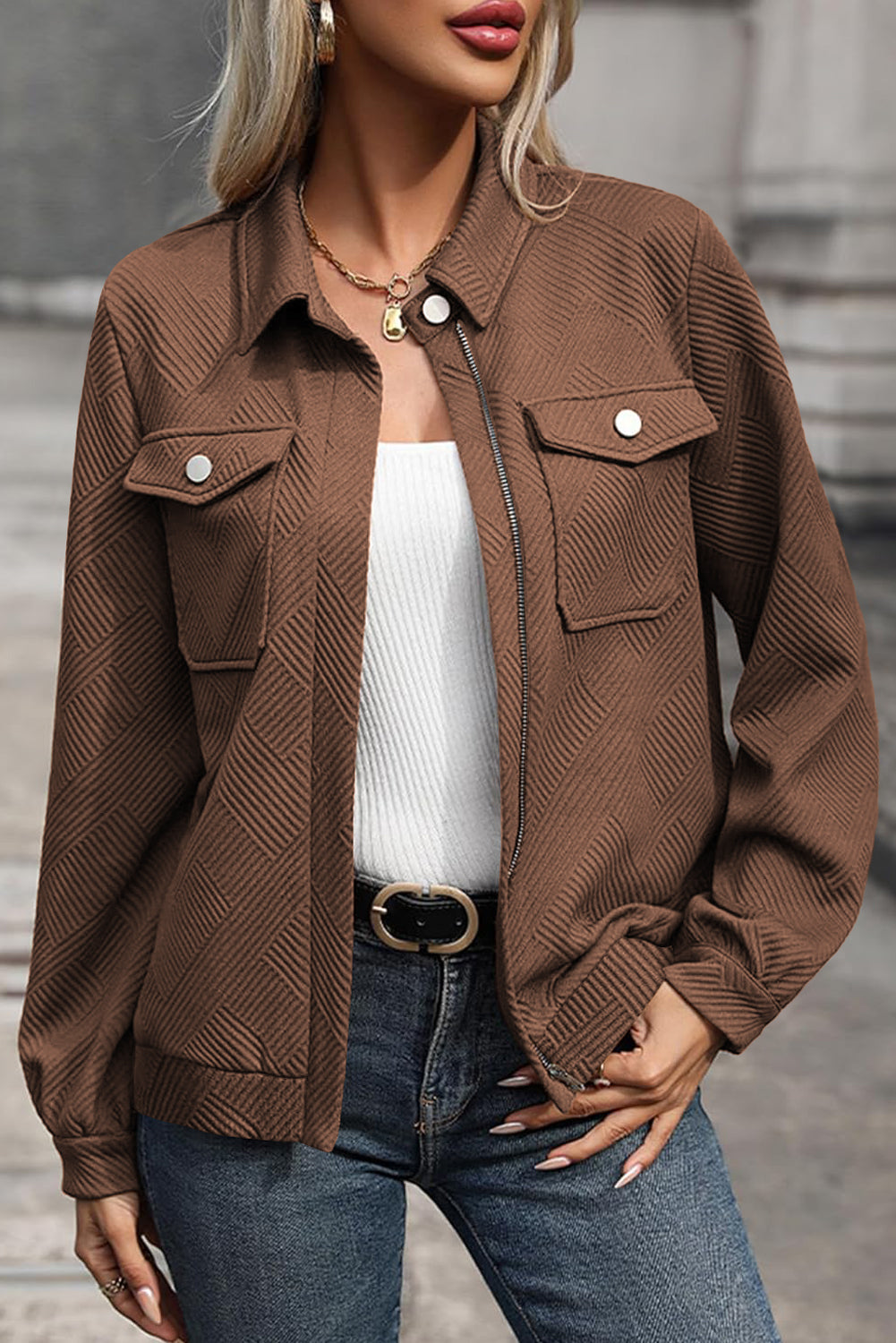 Solid Color Zip Up Button Flap Pocket Shirt Collar Jackets