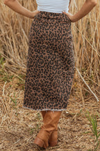 Leopard Denim Frayed Split Denim Midi Skirt
