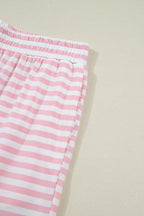 Pink Stripe Drop Shoulder Round Neck Top and Buttoned Straight Pants Two Piece Set