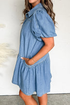Beau Blue Button Down Short Puff Sleeve Ruffle Hem Patchwork Denim Dress