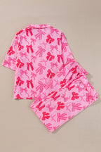 Pink Bow Knot Print Lapel Collar Short Sleeve and Pants Pyjamas Set