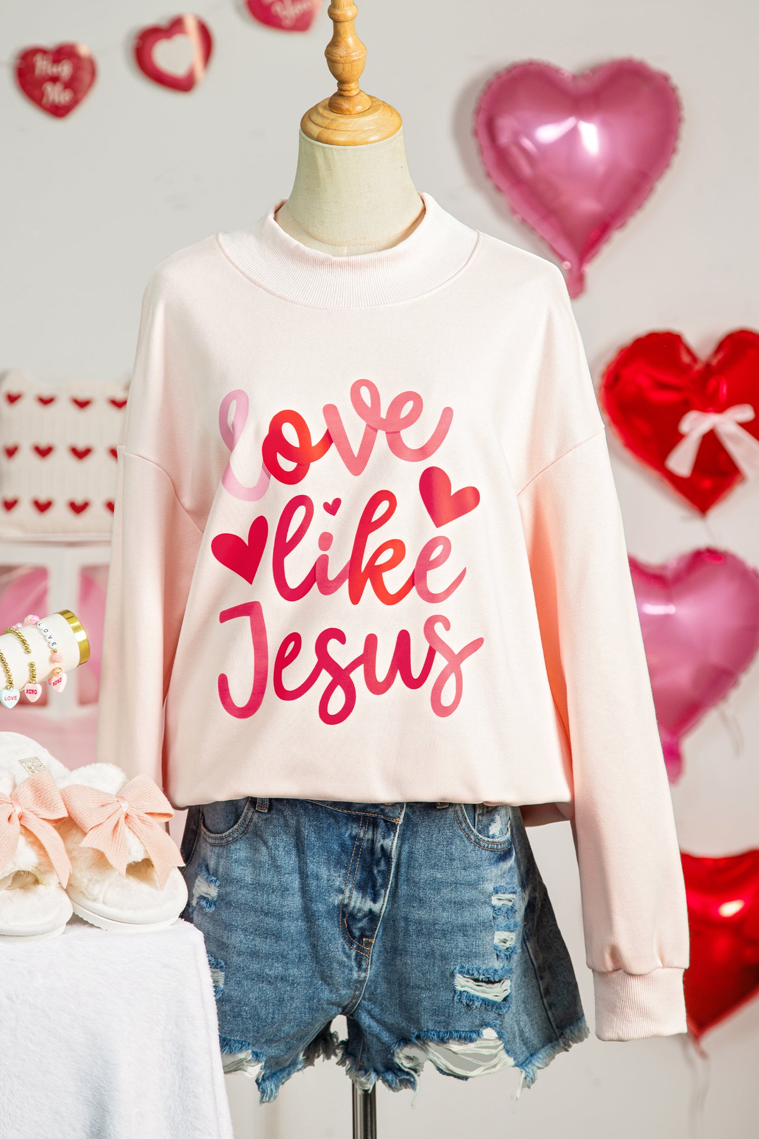 Light Pink love like Jesus Valentines Day Mock Neck Sweatshirt
