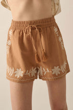 Khaki Embroidered Boho Tasseled Drawstring Elastic Waistband Casual shorts
