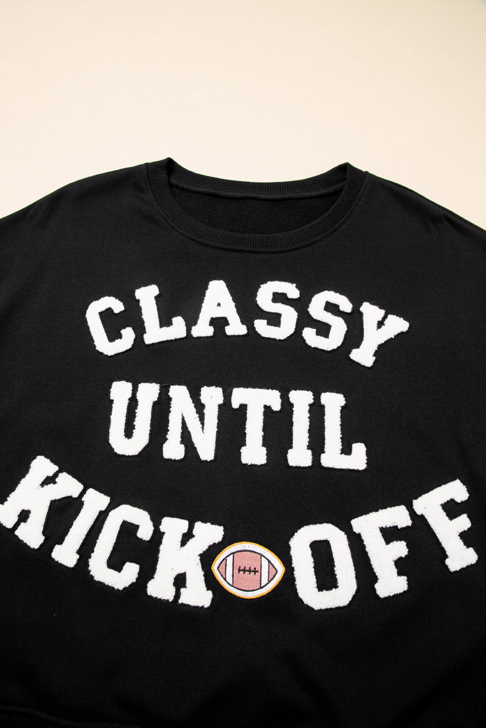 CLASSY UNTIL KICKOFF Plush Letter Patched Loose Sweatshirt