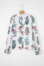 White Floral Print Frilled Collar V Neck Button Down Long Sleeve Shirt